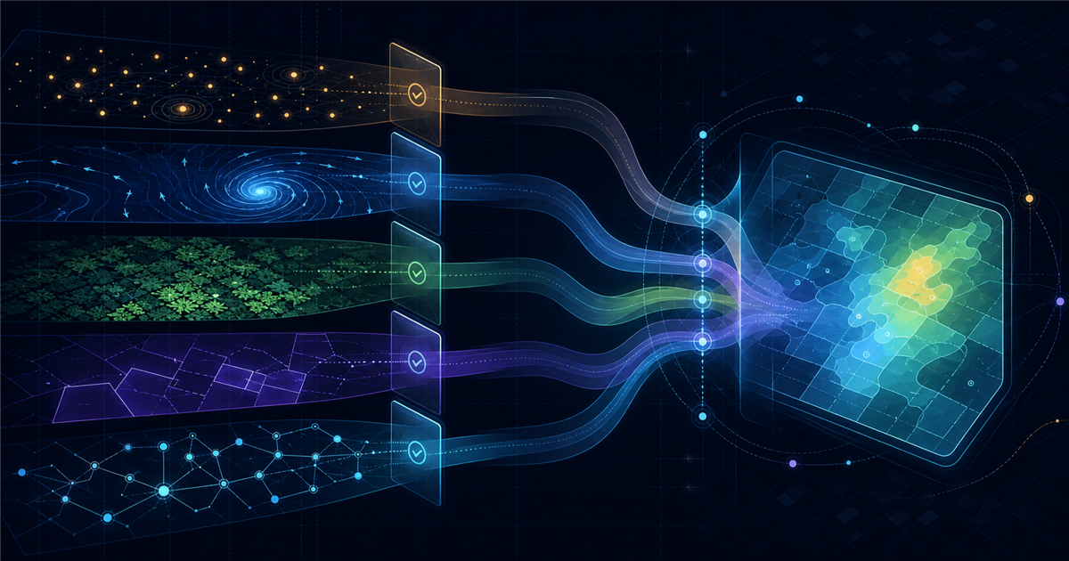 Conceptual GeoGridIQ evidence streams passing through validation gates into an explainable outage-risk analysis cell.